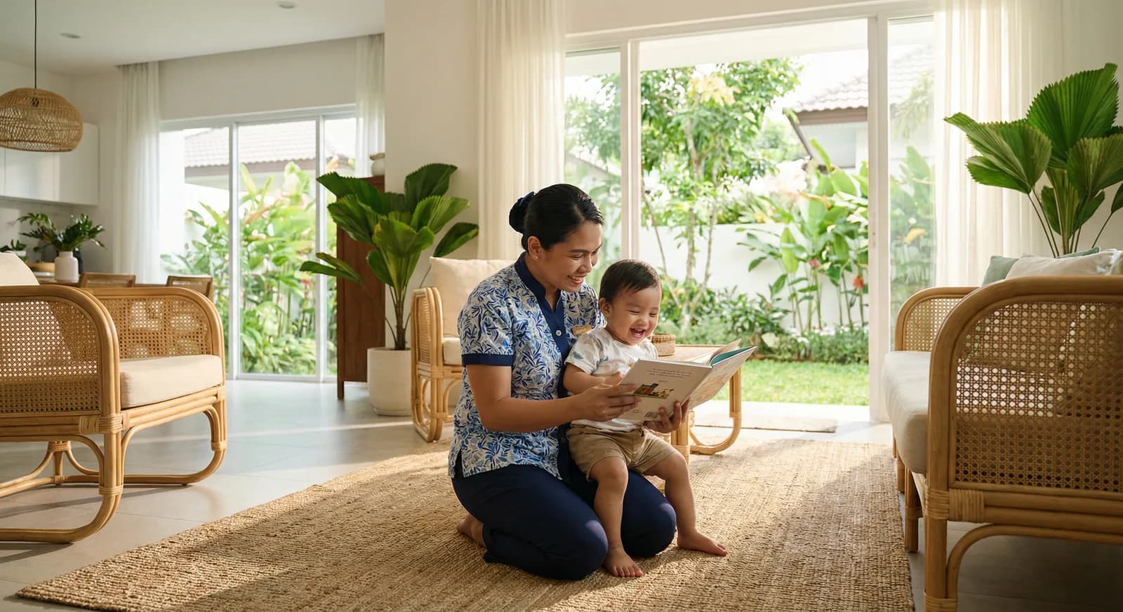 Filipino helper reading with a young child in a sunlit home